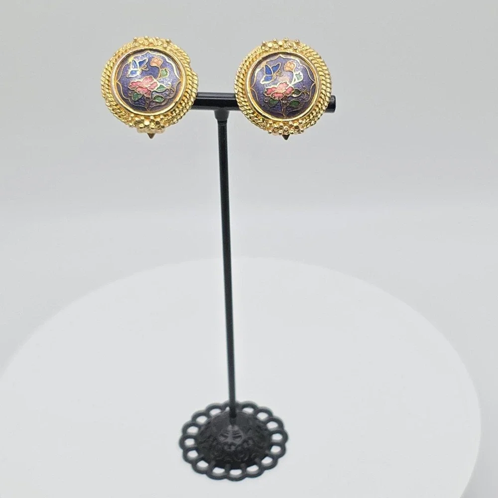 Vtg Cloisonne Butterfly Flower Earrings‎ Purple Red Gold Tone Leaf Disc Clip-Ons